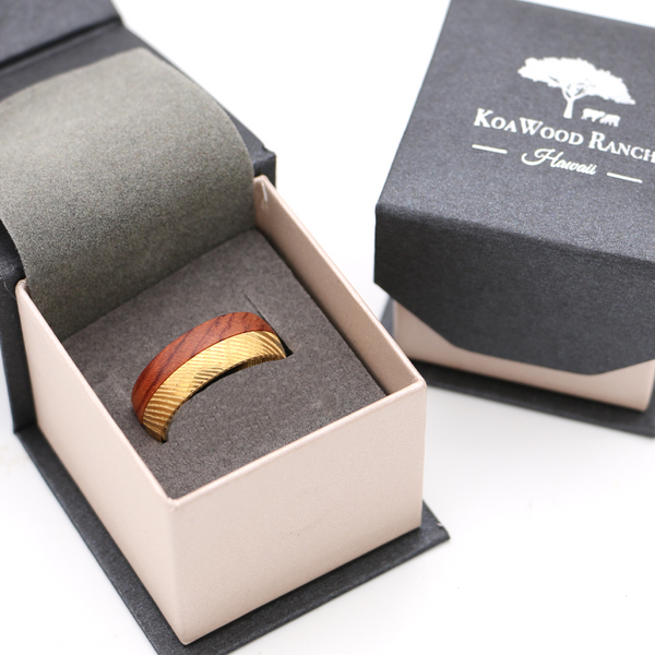 Koa Wood and Gold Damascus Steel Duet Ring 8mm