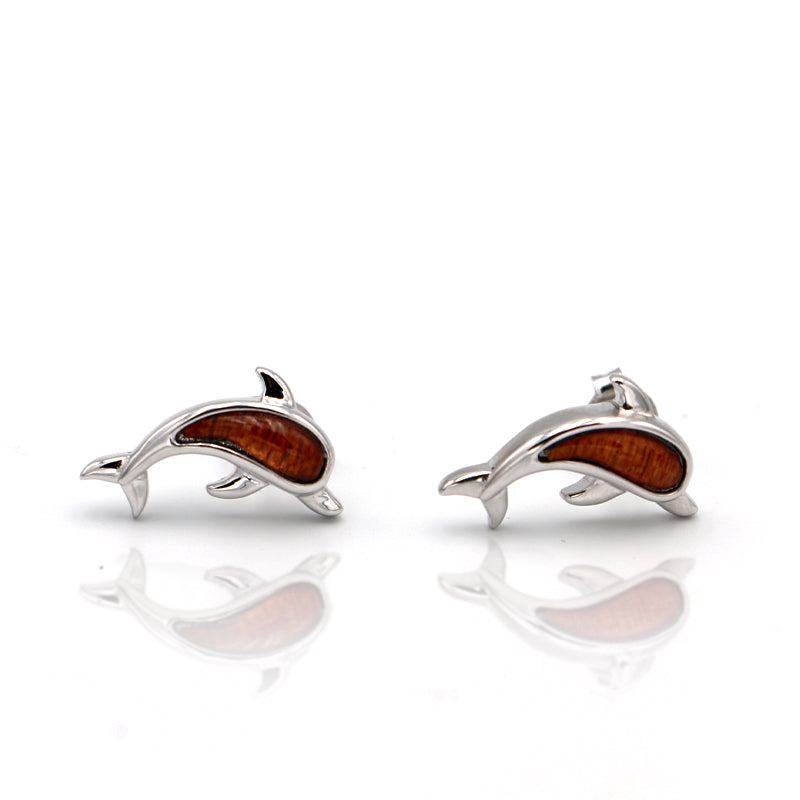 Silver Koa Wood Dolphin Earrings