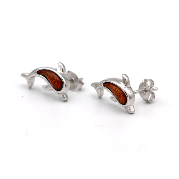 Silver Koa Wood Dolphin Earrings