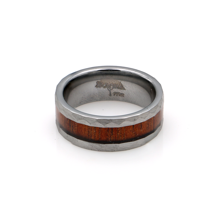 Koa Wood Silver Tungsten Ring Faceted 8mm
