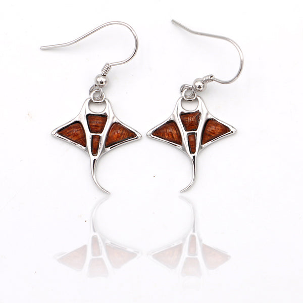 Silver Koa Wood Manta-Ray Earrings