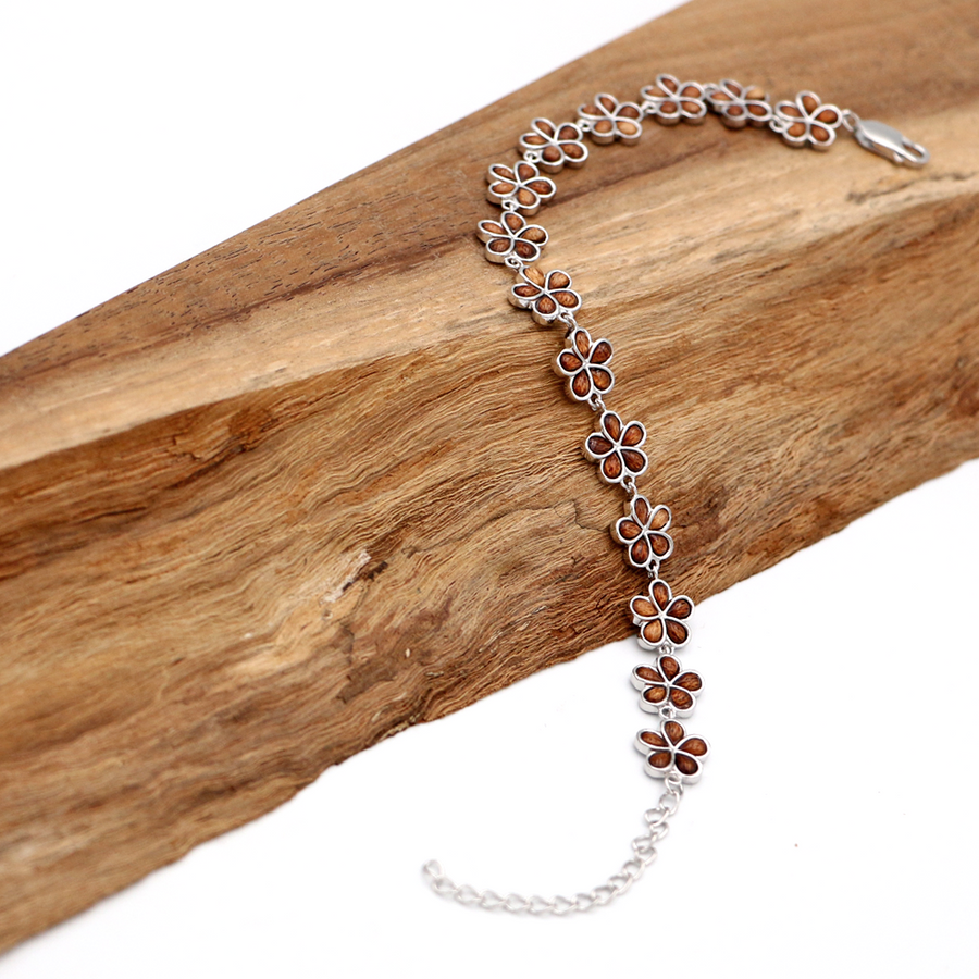 Koa Wood and Silver Plumeria Bracelet