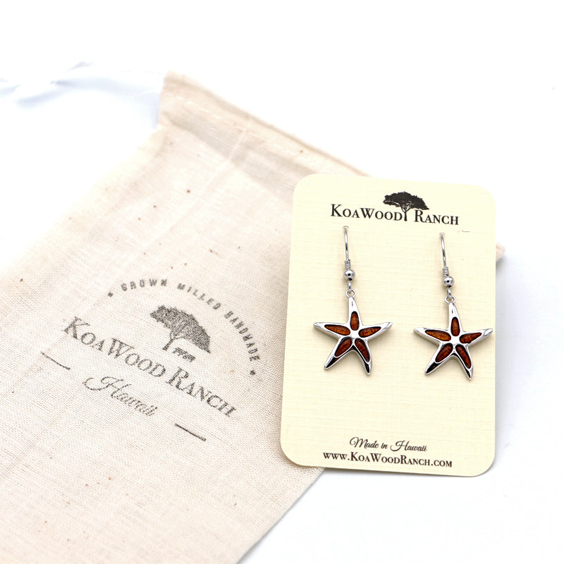 Silver Koa Wood Starfish Earrings