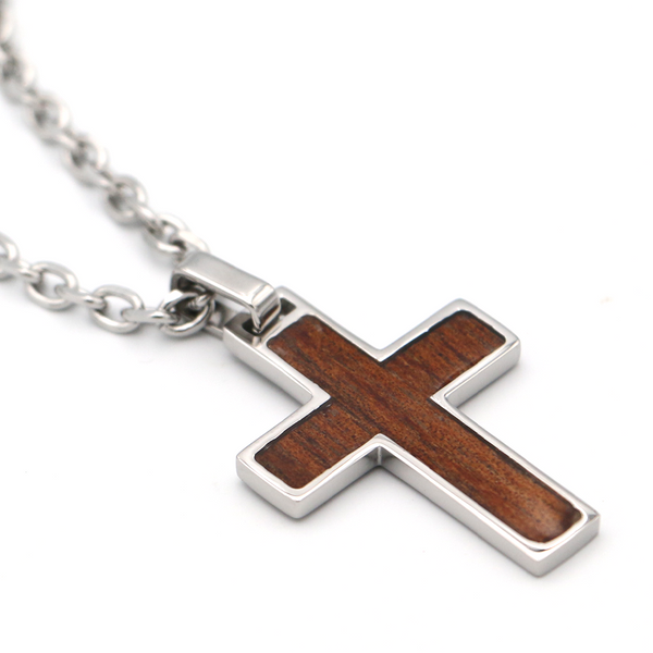 Koa Wood Inlay Cross - Stainless Steel