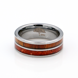 Koa Wood and Crushed Red Coral Tungsten Ring 8mm