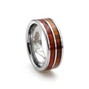 Koa Wood and Crushed Red Coral Tungsten Ring 8mm