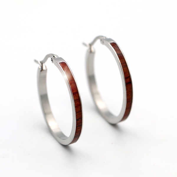 Koa Wood and Steel Hoop Earrings - Silver, Gold, or Rose Gold