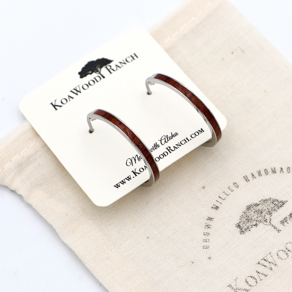 Koa Wood and Steel Hoop Earrings - Silver, Gold, or Rose Gold