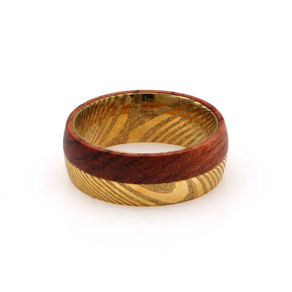 Koa Wood and Gold Damascus Steel Duet Ring 8mm