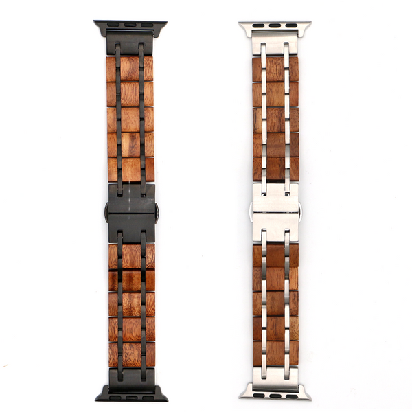 Koa Wood and Steel iWatch Band - Black and Silver A16