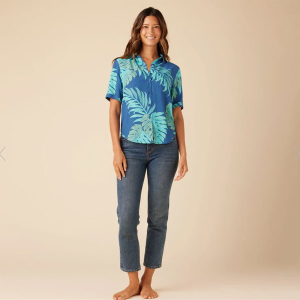 Monstera Leaf Short Sleeve Button Front - True Navy