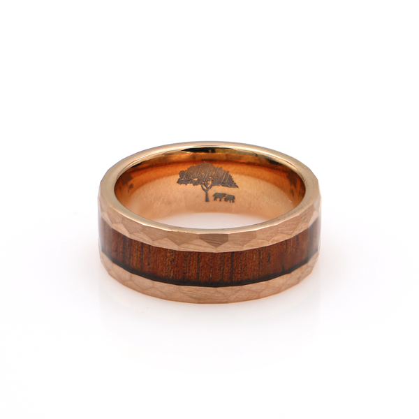 Koa Wood Rose Gold Tungsten Ring Faceted 8mm