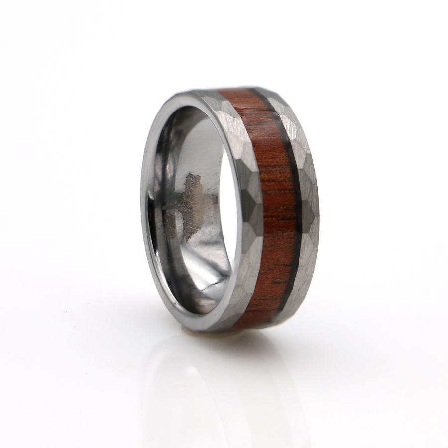 Koa Wood Silver Tungsten Ring Faceted 8mm